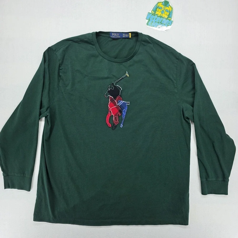 Polo Ralph Lauren Mens XXL Green Plaid Patchwork Big Pony Long Sleeve T-Shirt